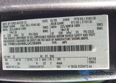 2020 Ford Escape Sel из США, поврежденный, VIN 1FMCU0H66LUC39295